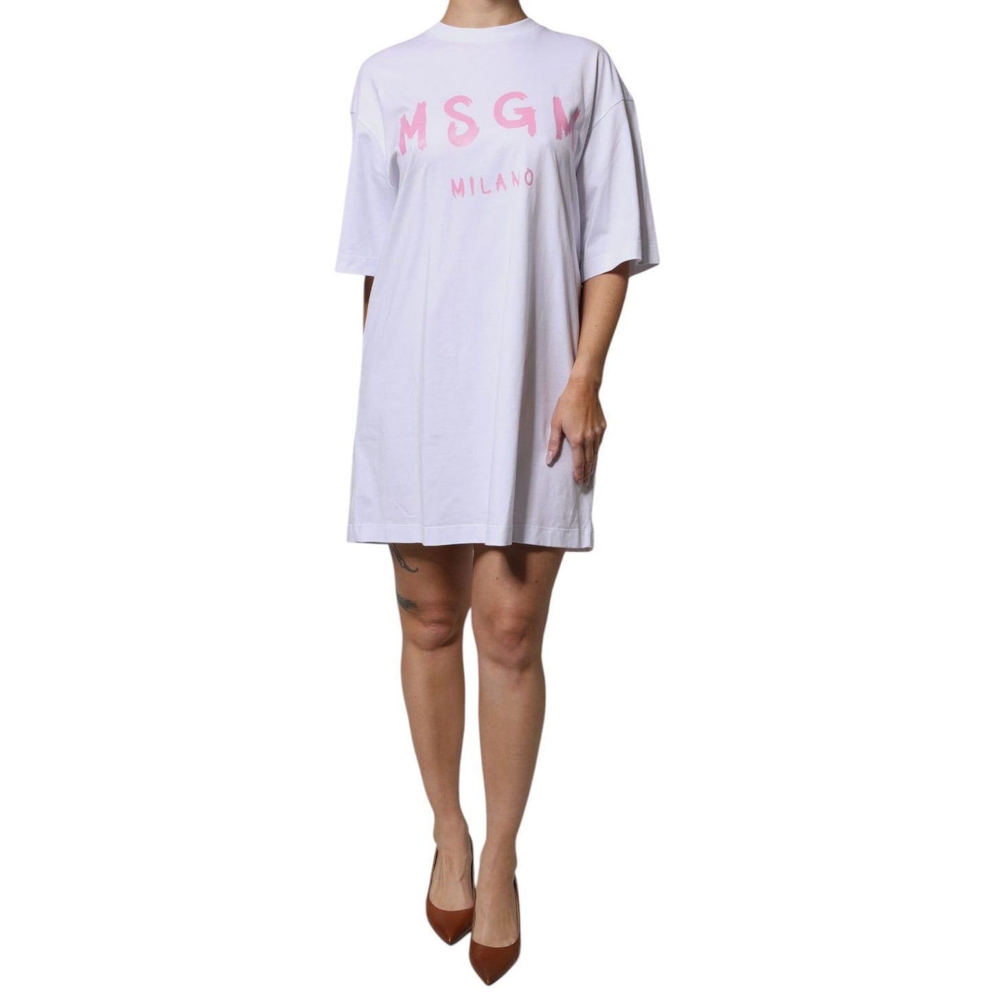 MSGM White Logo Print Cotton T-shirt Short Sleeves Mini Dress