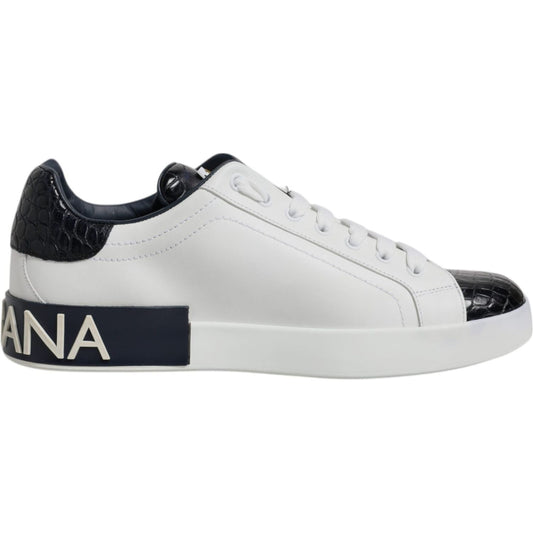 Dolce & Gabbana White Black Leather Portofino Sneaker Shoes 1728,67345645728,Black and White,Dolce & Gabbana,EU41/US8,Low Tops - Sneakers - Shoes,Material: 60% Calfskin 40% Crocodile Leather,Men,Men - Shoes,Preowned / Defect,Shoes,Sneakers - Men - Shoes,S