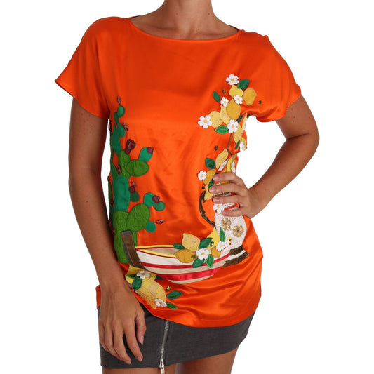 Dolce & Gabbana Sicilian Summer Silk Crystal-Embellished Top Dolce & Gabbana Firebrick