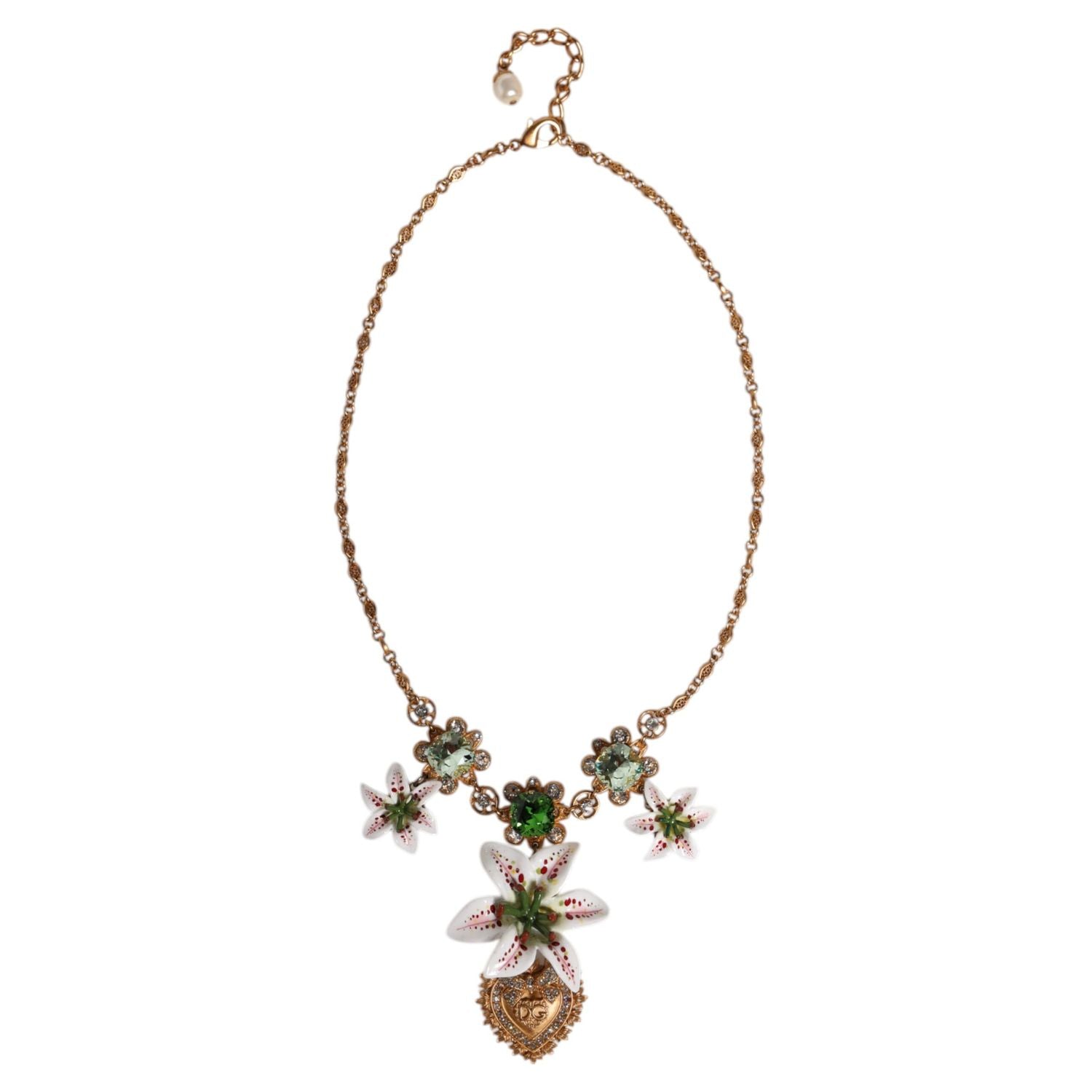 Dolce & Gabbana Gold Brass Lily Crystal Sacred Heart Pendant Necklace