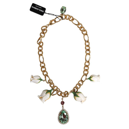 Dolce & Gabbana Gold Brass Short Chain Flower Crystal Pendant Necklace