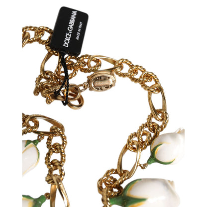 Dolce & Gabbana Gold Brass Short Chain Flower Crystal Pendant Necklace