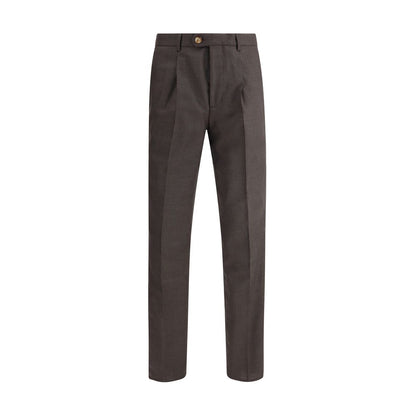 Brunello Cucinelli Brown Fleece Wool Casual Pants with belt loops, side slash pockets, and back welt pockets, SS25 collection.