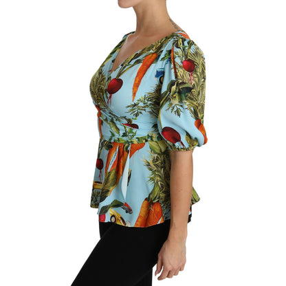 Dolce & Gabbana Multicolor Vegetable Print Silk Top Peplum Wrap Blouse