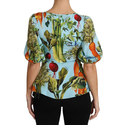 Dolce & Gabbana Multicolor Vegetable Print Silk Top Peplum Wrap Blouse