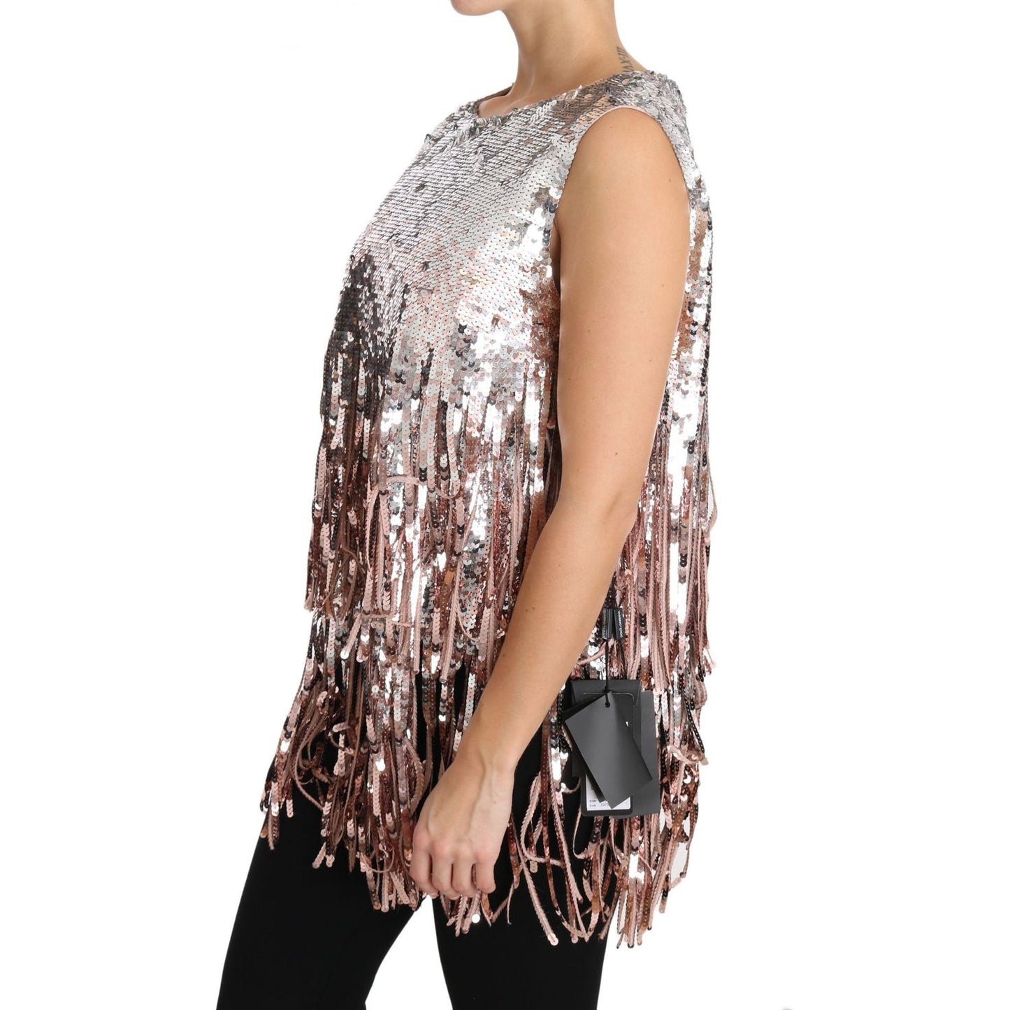 Dolce & Gabbana Golden Pink Sequined Fringe Tank Top