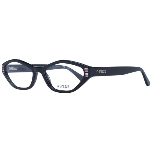 Guess Black Women Glasses Frame in black acetate with full-rim design, oval shape, size 53-16-145, includes branded case.