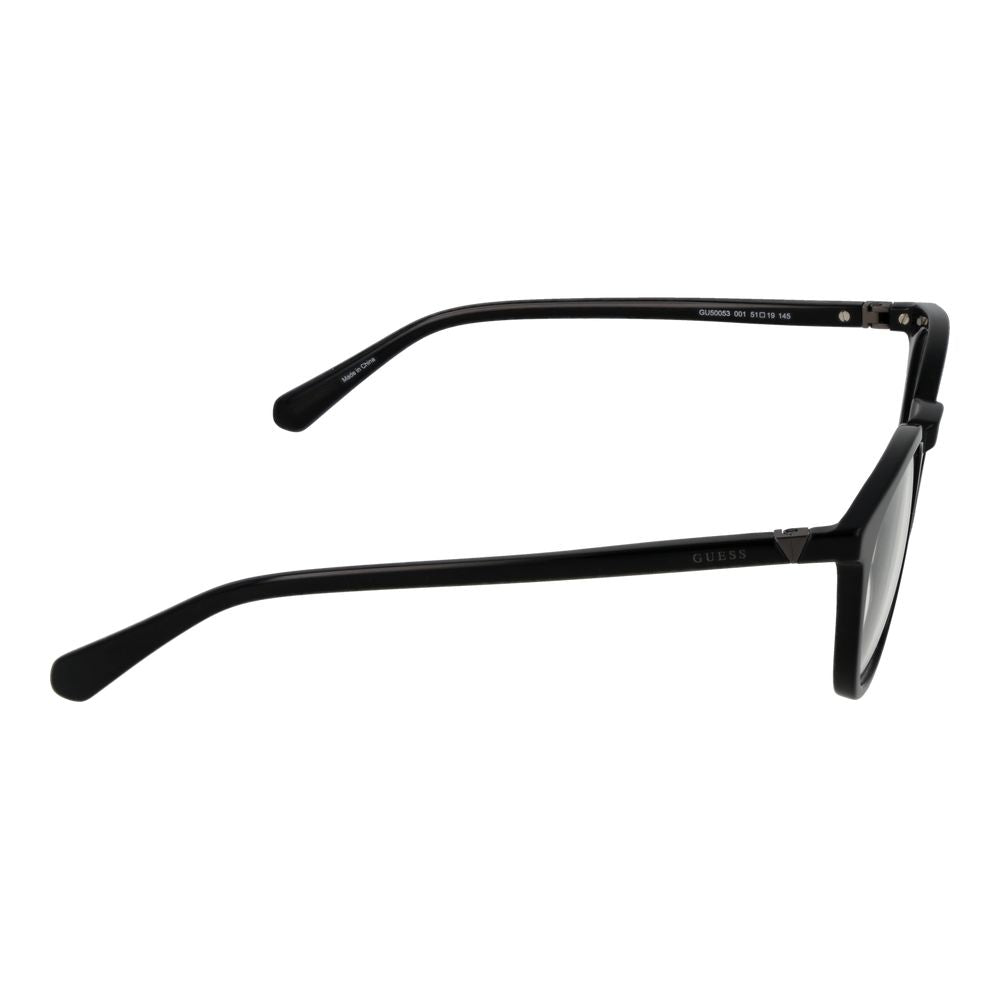 Guess Black Women Glasses Frame, full-rim black plastic design, side view showing temples and bridge.