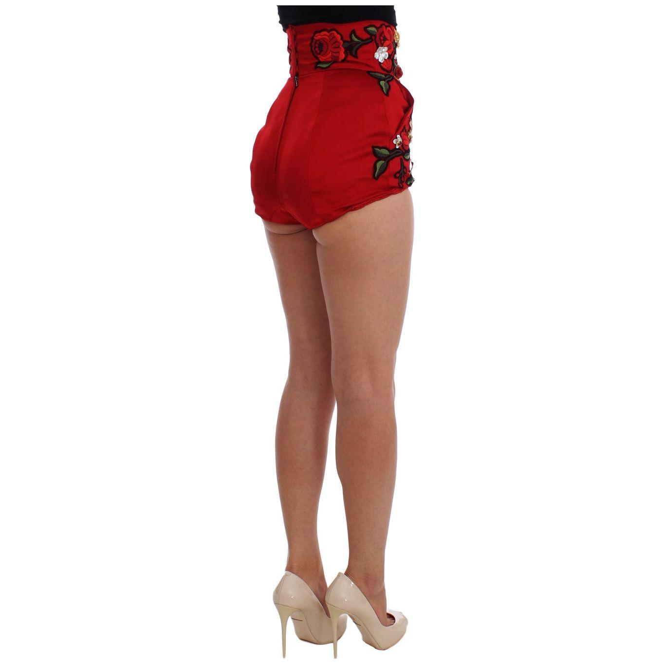 Dolce & Gabbana Red Silk Crystal Roses Shorts