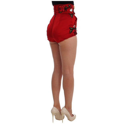 Dolce & Gabbana Red Silk Crystal Roses Shorts