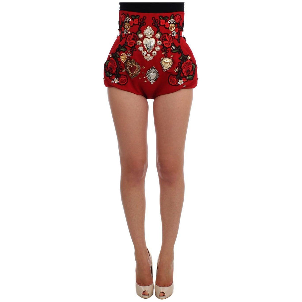 Dolce & Gabbana Red Silk Crystal Roses Shorts