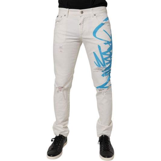 Dolce & Gabbana White Tattered Graffiti Skinny Denim Jeans PAN76125-48
