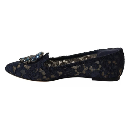 Dolce & Gabbana Blue Crystal Loafer Lace Ballet Flats Shoes