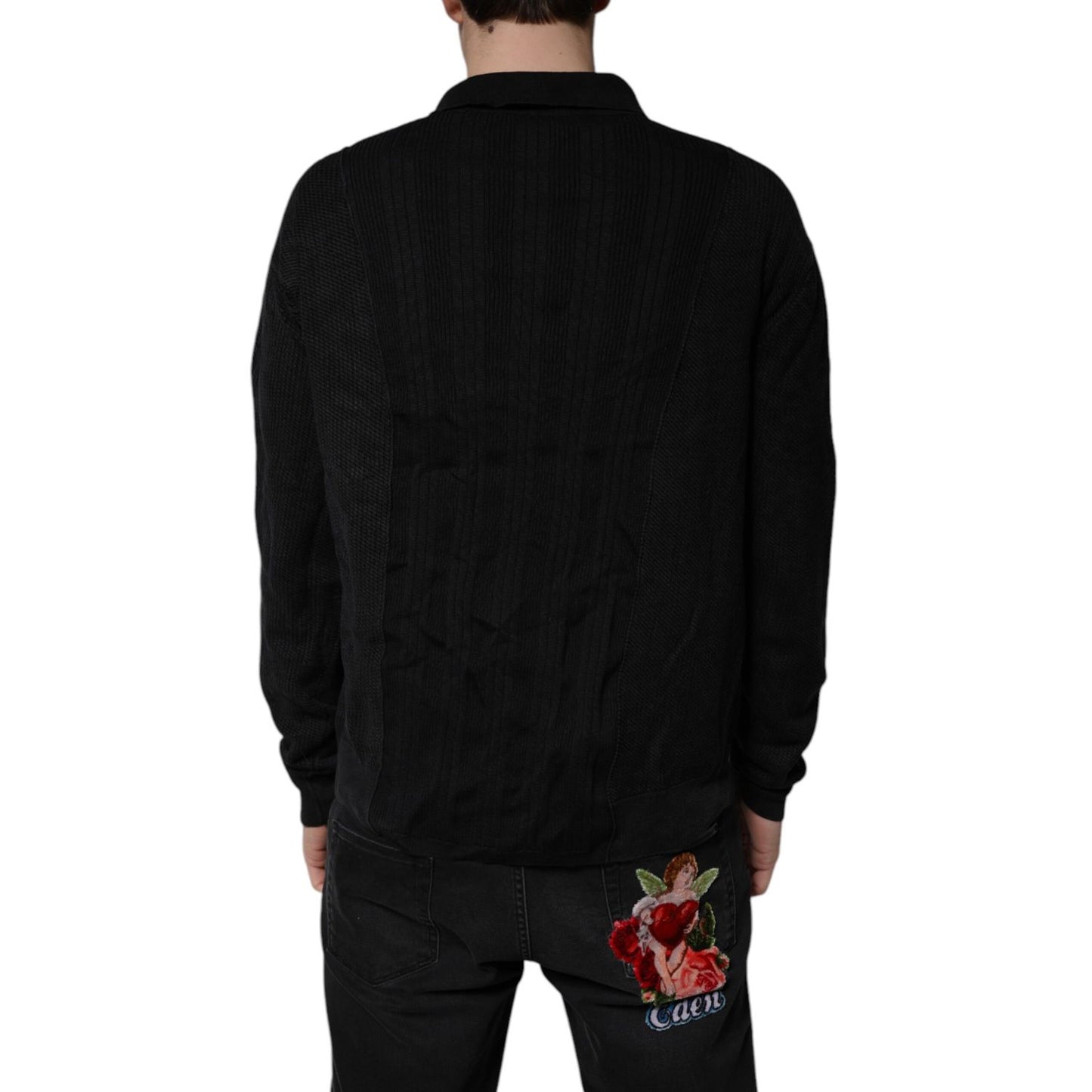 Dolce & Gabbana Black Heraldic Silk Buttoned Pullover Sweater