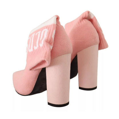GCDS Pink Suede Logo Socks Block Heel Ankle Boots Shoes
