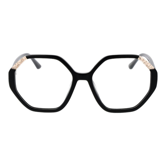 Guess Black Women Glasses Frame in full-rim acetate with demo lenses, rectangular shape, 53-16-140 dimensions, includes branded case.
