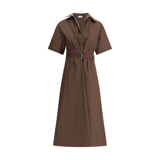 Brunello Cucinelli Brown Cotton Casual Dress with belt and V-neck