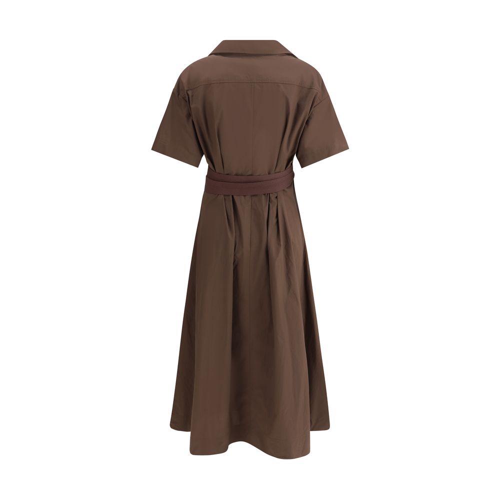Brunello Cucinelli Brown Cotton Casual Dress with wide sleeves, classic collar, V-neck, and fabric belt, showcasing back view elegance.