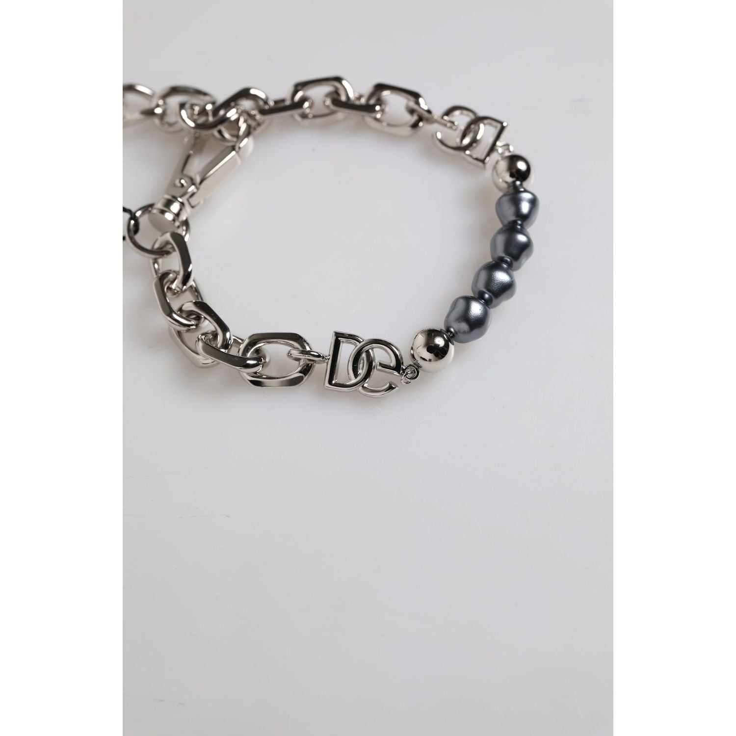 Dolce & Gabbana Silver Tone Chain Lobster Clasp Logo Gray Pearls Bracelet