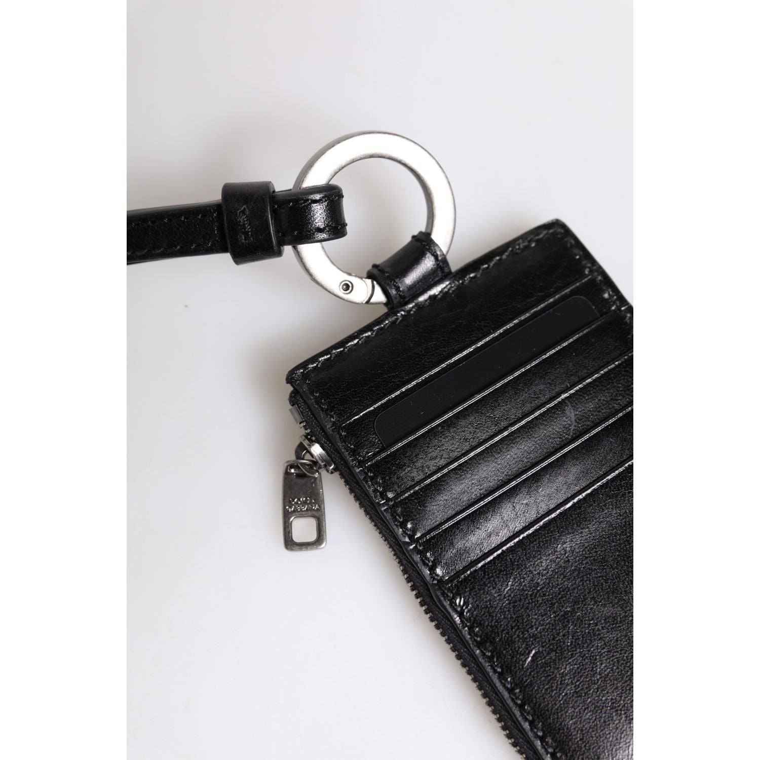 Dolce & Gabbana Black Leather Logo Embossed Lanyard Card Holder Wallet