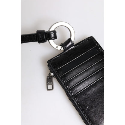 Dolce & Gabbana Black Leather Logo Embossed Lanyard Card Holder Wallet