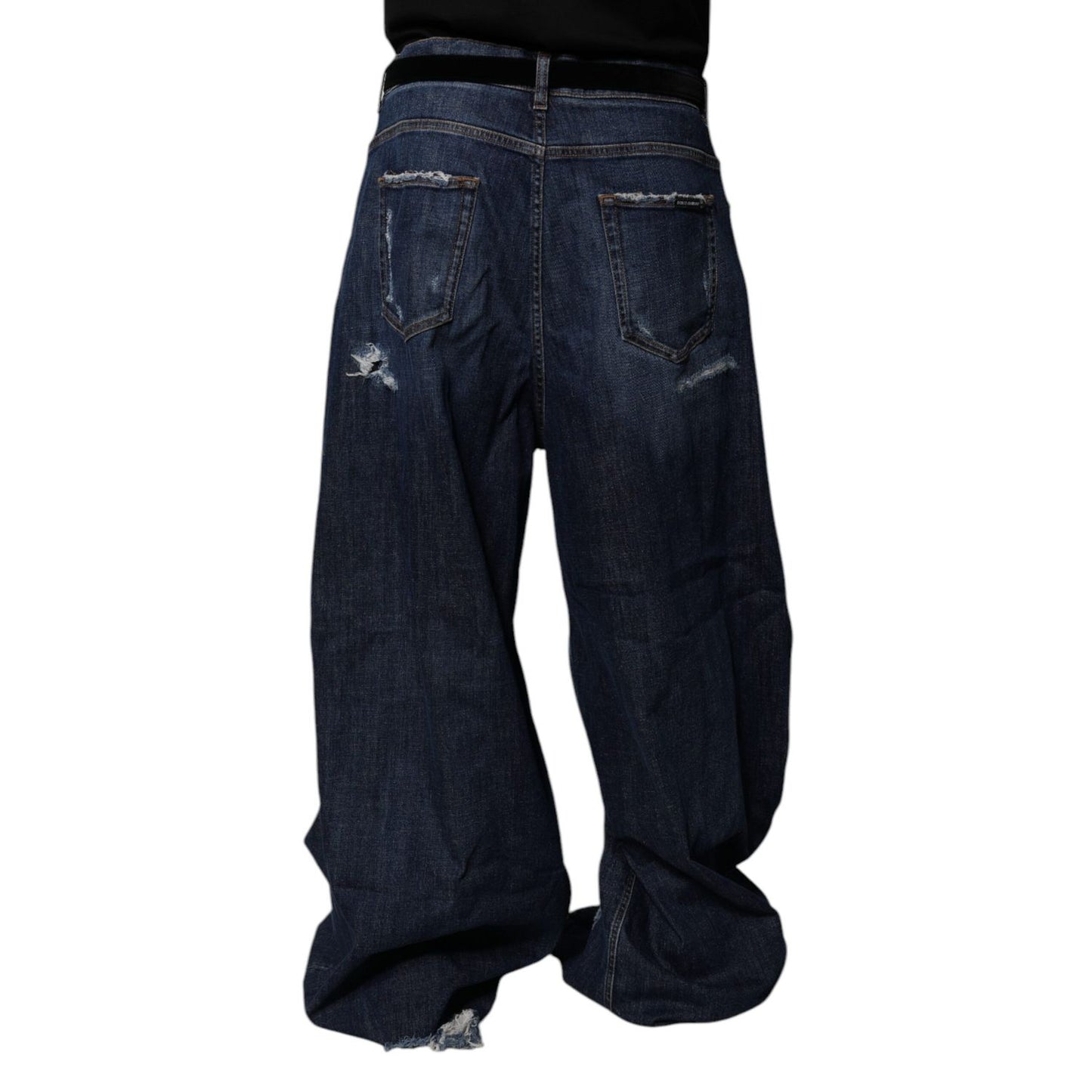 Dolce & Gabbana Dark Blue Tattered Wide Leg Men Denim Jeans