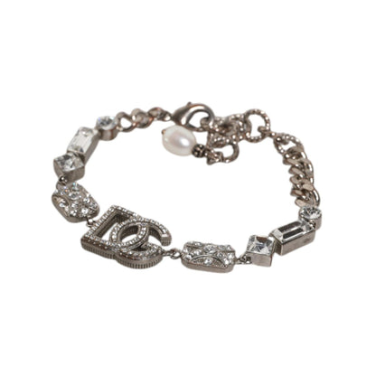 Dolce & Gabbana Silver Brass Crystal DG Logo Charm Embellished Bracelet