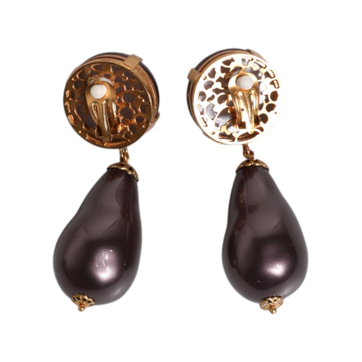 Dolce & Gabbana Gold Brass Black Pearl Clip On Dangling Jewelry Earrings