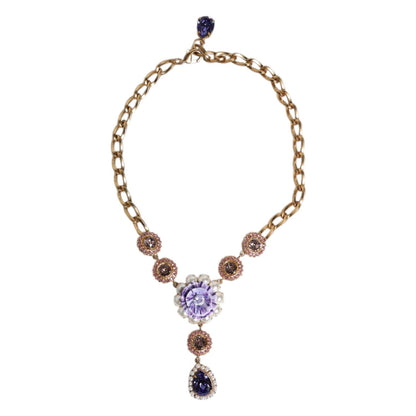 Dolce & Gabbana Gold Brass Floral Crystals Pearl Embellished Necklace