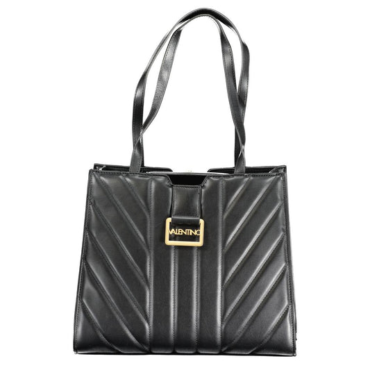 Mario Valentino Black Polyethylene Handbag with dual shoulder handles, chain handle, contrast details, logo, and multiple compartments.
