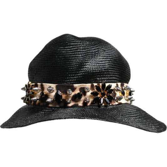 Dolce & Gabbana Black Straw Crystal Embellished Wide Brim Hat Dolce & Gabbana Dark Slate Gray