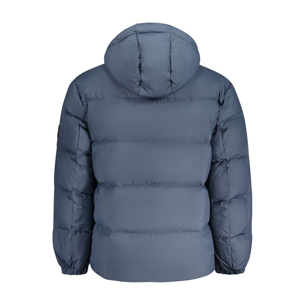 Tommy Hilfiger men's blue polyester jacket with removable hood and logo, made from recycled materials for sustainable style.