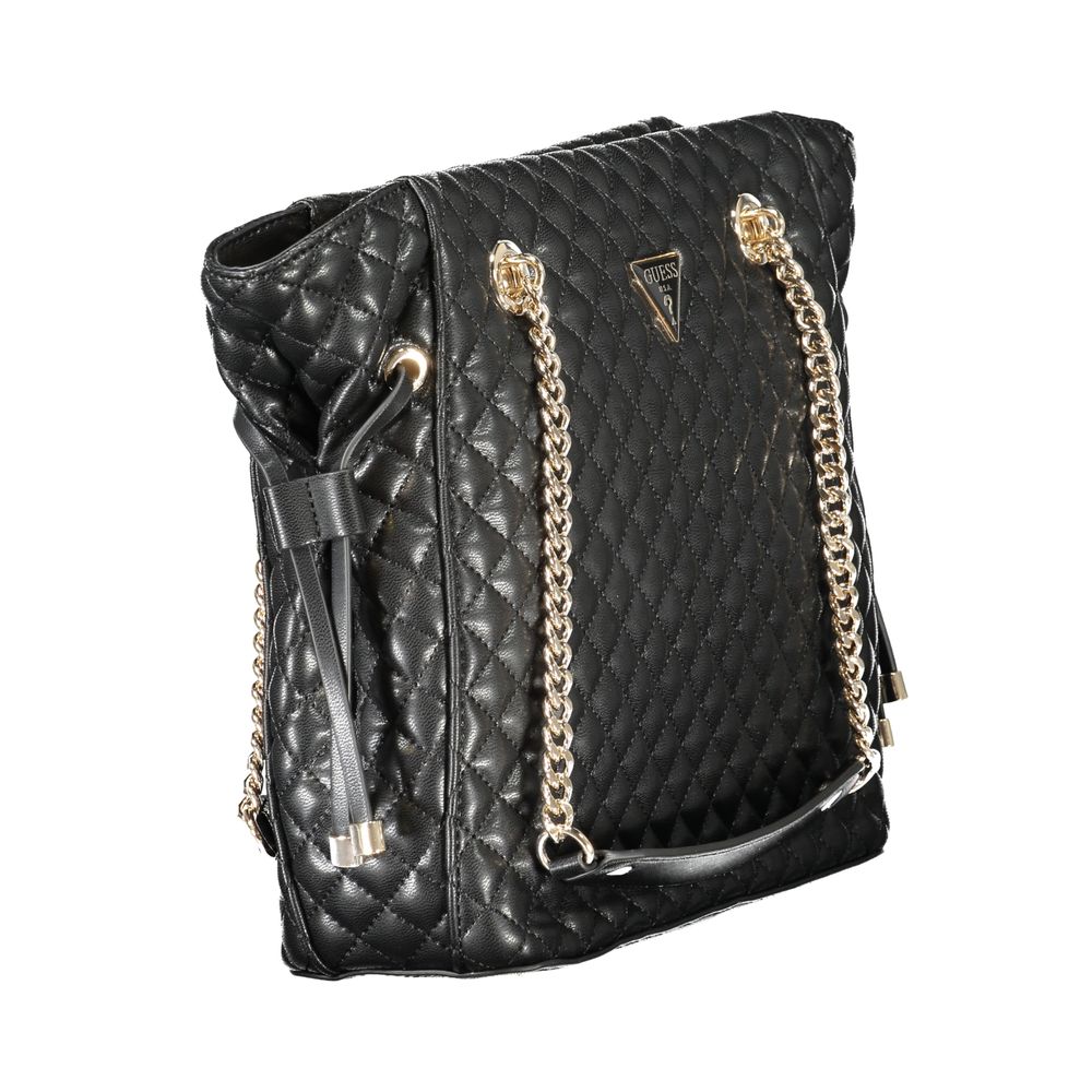 Guess Jeans Black Polyethylene Women Handbag with dual chain shoulder handles and quilted design on white background.