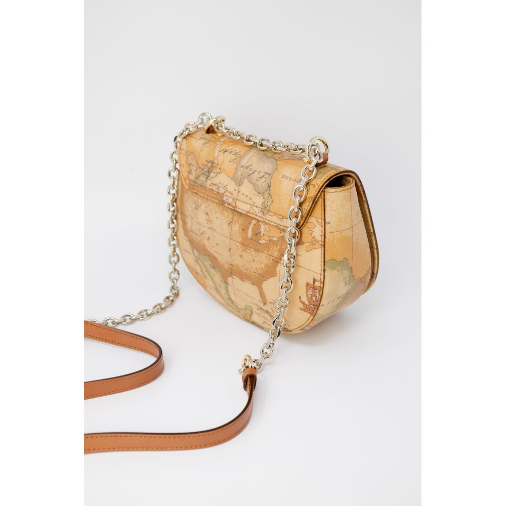 Alviero Martini Prima Classe Beige Leather Handbag with signature geographic print and metallic chain strap, side view