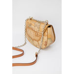 Alviero Martini Prima Classe Beige Leather Handbag with signature geographic print and metallic chain strap, side view