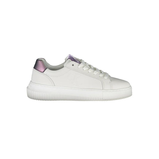 Calvin Klein White Leather Women Sneaker with contrasting purple detail and iconic logo, embodying sporty elegance and designer style.
