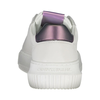 Back view of Calvin Klein White Leather Women Sneaker with purple detail and logo on sole, showcasing sporty elegance and design.