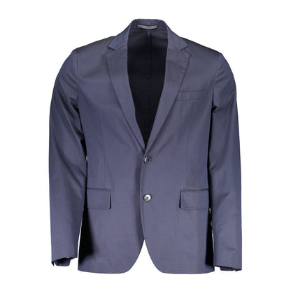 Gant Blue Cotton Men Jacket with long sleeves, sharp tailoring, external pockets, and button fastenings featuring iconic Gant logo.