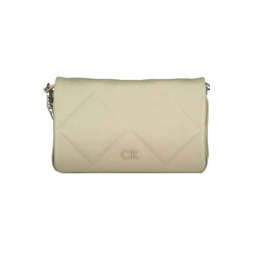 Calvin Klein beige cotton handbag with adjustable strap, two compartments, card pocket, snap closure, and logo detailing.