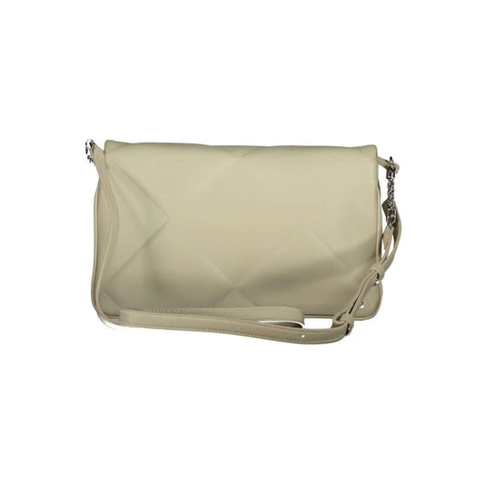 Calvin Klein beige cotton handbag with adjustable shoulder strap, two compartments, internal card pocket, and snap closure.