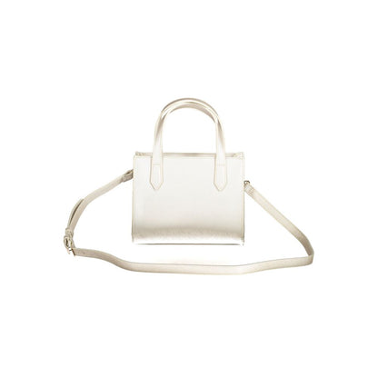 Beige handbag with shoulder strap and two handles, ideal for versatile styling with a sleek design.