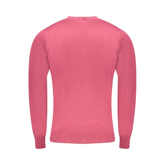 Back view of Cavalli Class Red Viscose Men's Sweater with long sleeves, featuring comfort blend and striking embroidery.