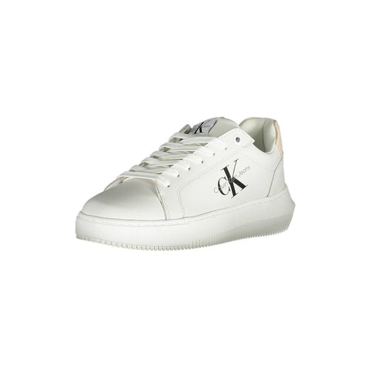 Calvin Klein White Polyester Women Sneaker with logo detailing, sustainable and stylish lace-up design made from recycled materials.