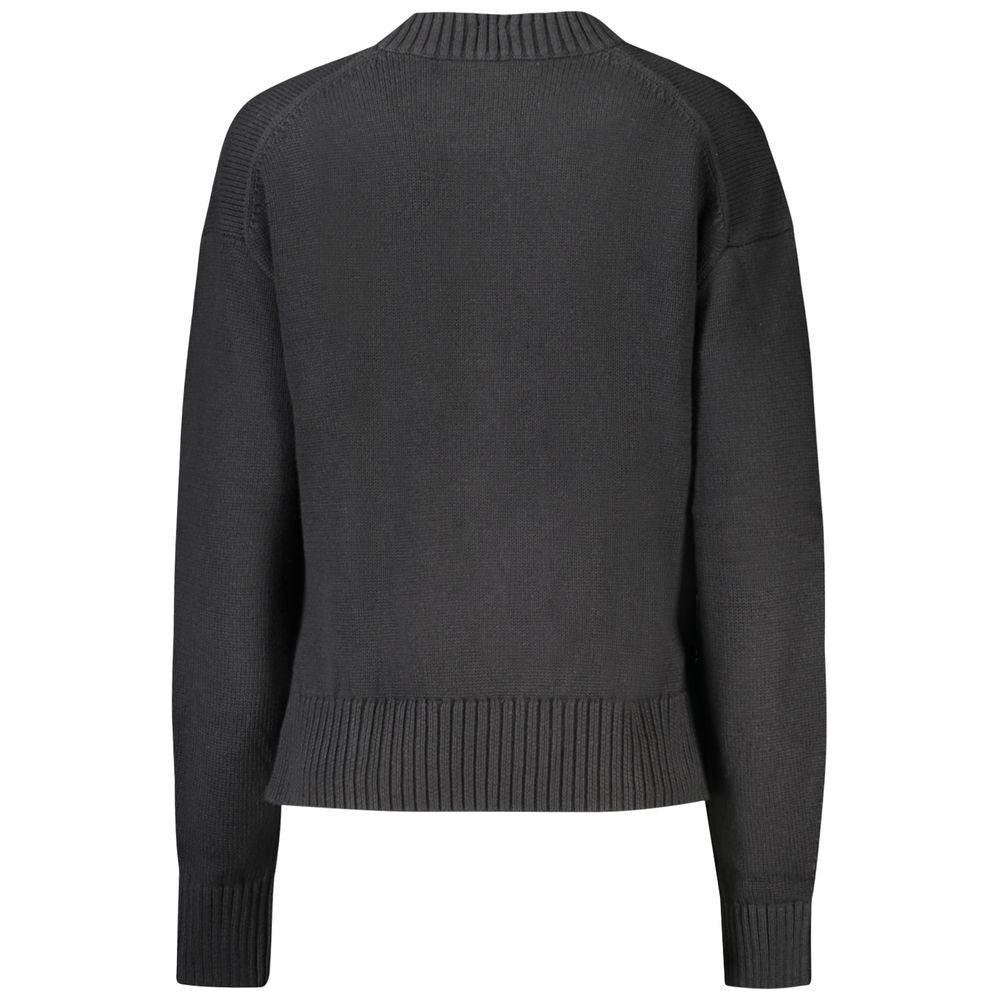 Back view of Calvin Klein Black Cotton Women Sweater with long sleeves, ribbed hem, crafted from cotton and wool blend.