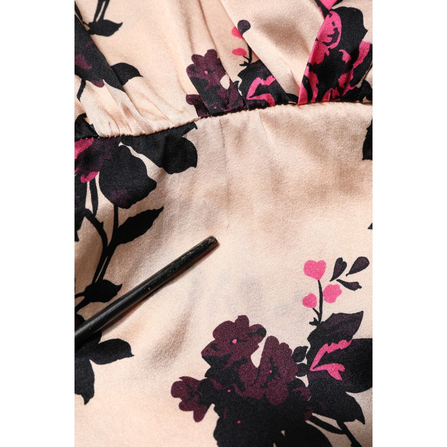 Laneus Pink Floral Silk Long Sleeves V-neck Ruched Mini Dress