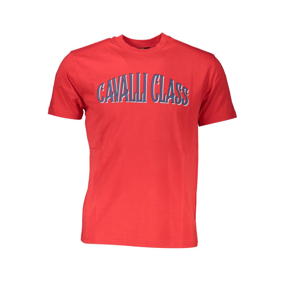 Cavalli Class Red Cotton Men T-Shirt with logo and print, crafted from superior cotton for a stylish casual look.