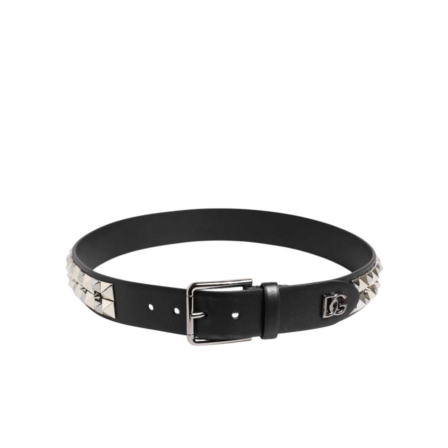 Dolce & Gabbana Black Calf Leather Studded Silver Buckle Belt