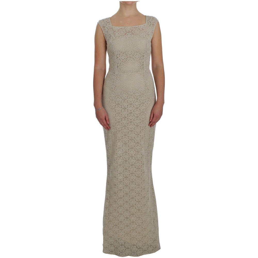 Dolce & Gabbana Beige Ricamo Cutout Cotton Sheath Dress Dresses