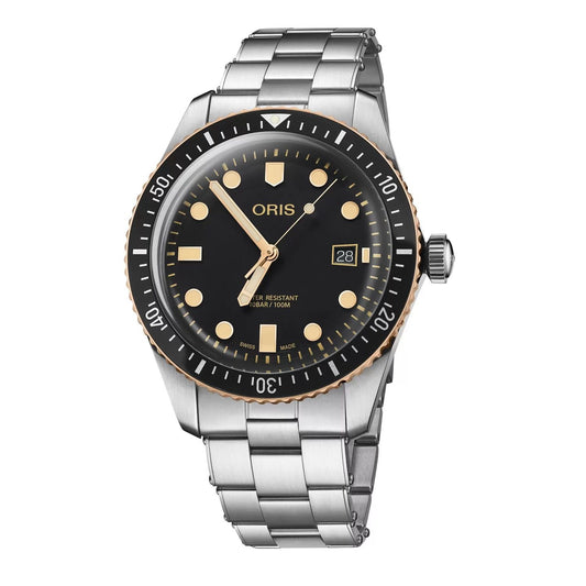 ORIS MOD. DIVERS SIXTY-FIVE watch with stainless steel bracelet and sapphire dial, 42mm case, water-resistant to 10 ATM, made in Switzerland.