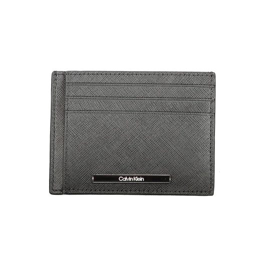 Calvin Klein Black Leather Wallet with card holder, central pocket, multiple compartments, contrast details, and logo
